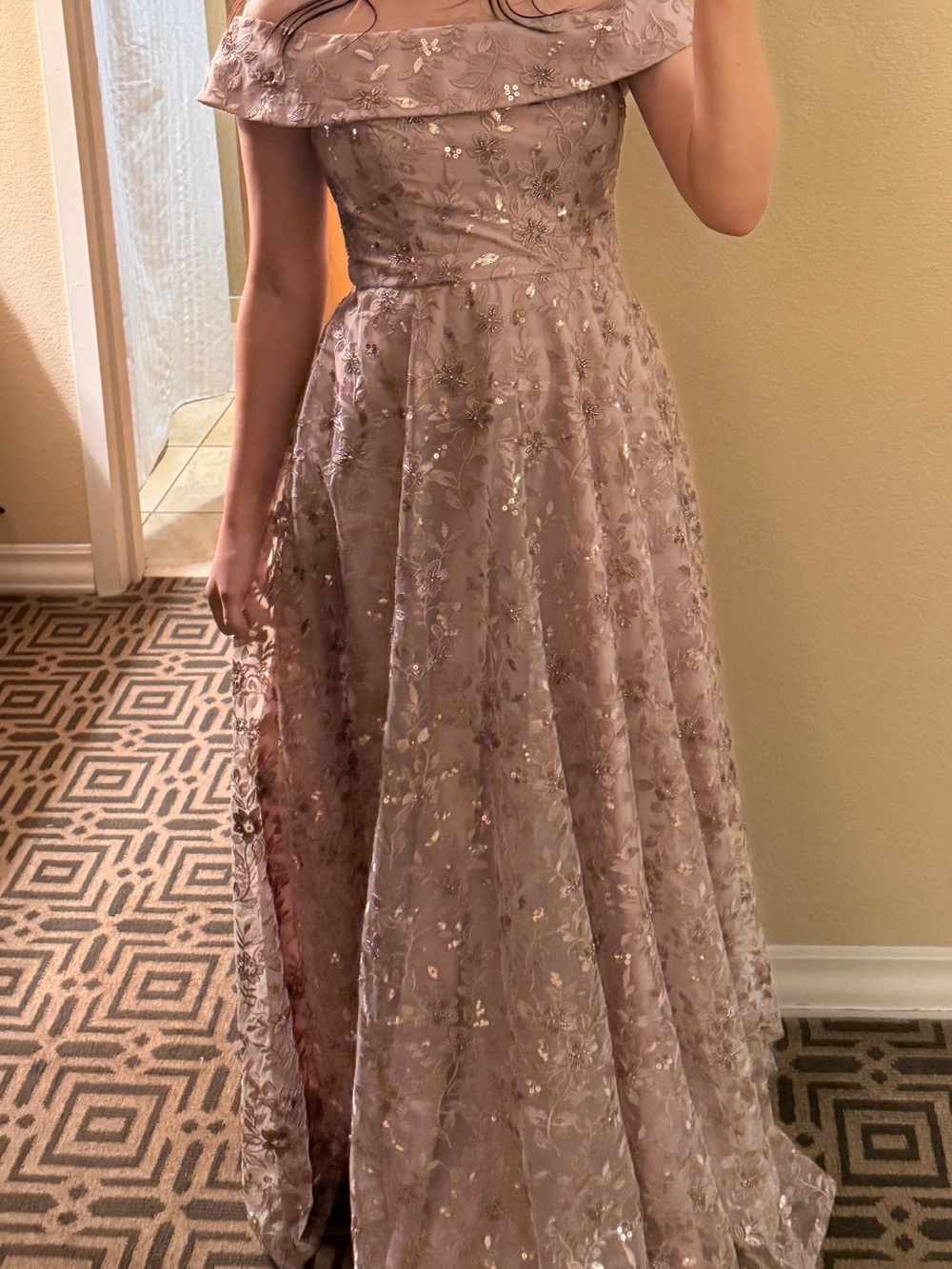 Oleg Cassini Mauve Off-Shoulder Embellished Prom Gown - Picture 7 of 7
